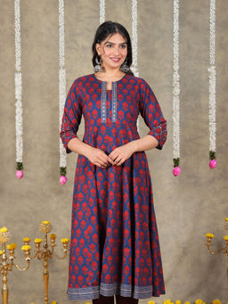 ARAMYA - Blue Soft Cotton Flared Floral Print Kurta for Women