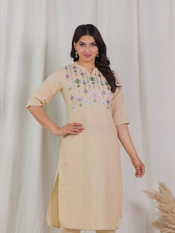 ARAMYA - Beige Linen Cotton Straight Solid Kurta for Women