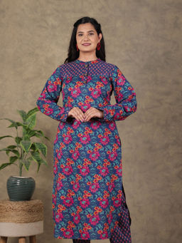 ARAMYA - Blue Soft Cotton Straight Floral Print Kurta for Women