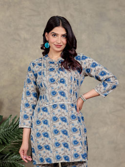 ARAMYA - Beige Soft Cotton Straight Floral Print Kurta for Women