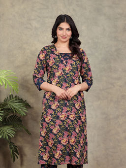 ARAMYA - Navy Blue Soft Cotton Floral Print Kurta for Women