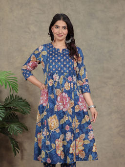ARAMYA - Blue Soft Cotton Panelled Floral Print Kurta for Women