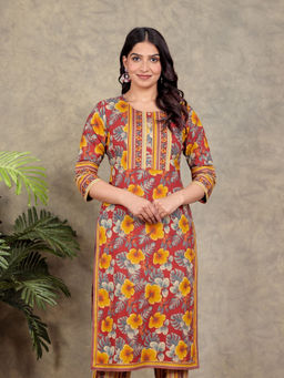 ARAMYA - Red Soft Cotton Straight Floral Print Kurta for Women