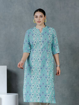 ARAMYA - Blue Linen Cotton Straight Print Kurta for Women