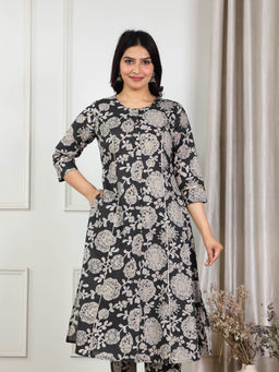 ARAMYA - Black Soft Cotton A-Line Floral Print Kurta for Women