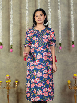 ARAMYA - Blue Soft Cotton Straight Floral Print Kurta for Women
