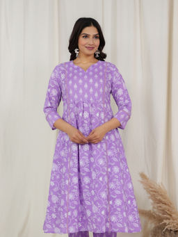 ARAMYA - Purple Soft Cotton Panelled Floral Print Kurta for Women