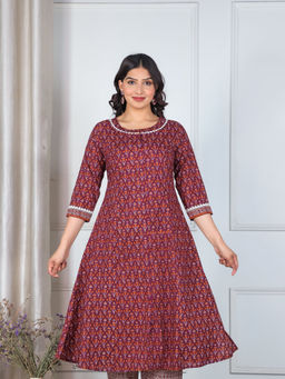 ARAMYA - Maroon Soft Cotton A-Line Ikat Print Kurta for Women