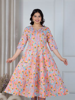 ARAMYA - Peach Soft Cotton Anarkali Floral Print Kurta for Women
