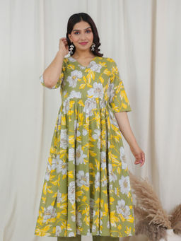 ARAMYA - Green Soft Cotton Angrakha Floral Print Kurta for Women