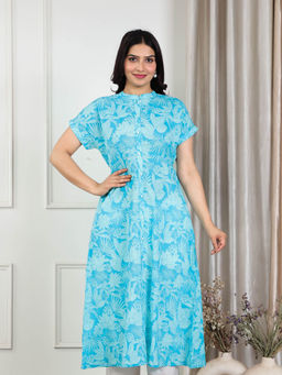 ARAMYA - Blue Soft Cotton Floral Print Kurta for Women