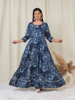 ARAMYA - Blue Soft Cotton Anarkali Floral Print Kurta for Women