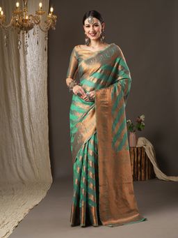 Akhilam - Womens Silk Blend Teal Blue Woven Design Designer Saree with Unstitched Blouse