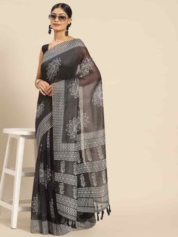 Silk Land - Womens Pure Cotton Black Block Print Saree with Unstitched Blouse