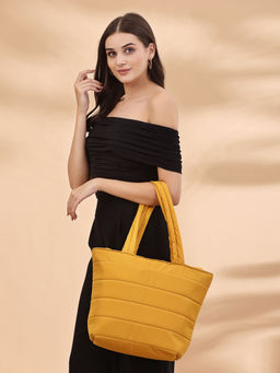 Anekaant - Uno Saffron Yellow Polyester Striped Quilted Handheld Bag