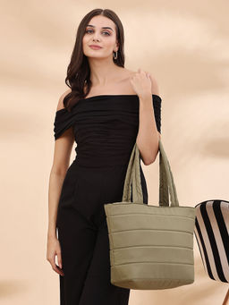 Anekaant - Uno Olive Green Polyester Striped Quilted Handheld Bag