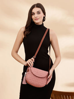 Anekaant - Uno Coral and Tan Polyester and Vegan Leather Chevron Quilted Sling Bag