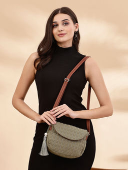 Anekaant - Uno Olive Green and Tan Polyester and Vegan Leather Chevron Quilted Sling Bag