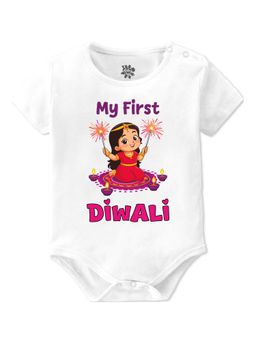 Baby Buzz - Unisex My First Diwali Girl English Printed Baby Romper - White