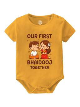 Baby Buzz - Unisex Our First Bhaidooj Together Printed Baby Romper - Yellow