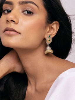Indya - Dual Tone Green Stone Jhumka Earrings
