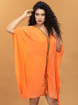 Attic Salt - Orange Solid Gold Embroidered Kaftan Mini Dress
