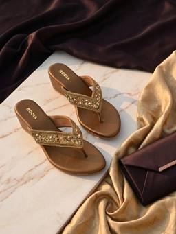 ROCIA - Antique Gold Women Diamond Embellished Thong Wedges Heels
