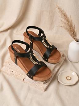ROCIA - Black Women Buckled Wedges Heels