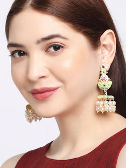 OOMPH - Mint Green Meenakari & Kundan Floral Jhumka Earrings