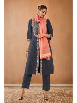 Soch - Navy Blue Synthetic Embroidered Kurta with Pant & Dupatta (Set of 3)