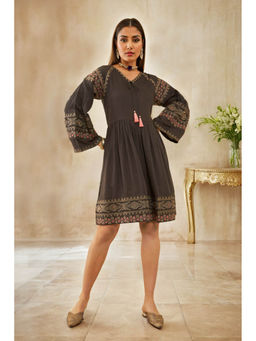 Soch - Charcoal Rayon Slub Embroidered Dress