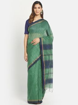 Fabindia - Green Silk Blend Hand Woven Saree without Blouse