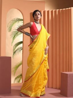 Beatitude - Yellow Woven Linen Saree with Unstitched Blouse