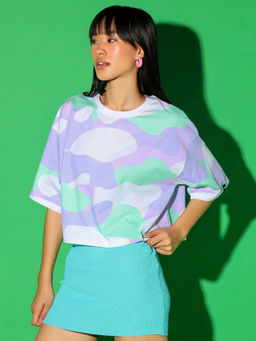 Bewakoof - Women's White Camo Printed Oversized Short Top