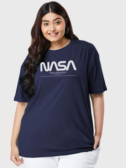 Bewakoof - Women's Blue Spaced NASA Typography Oversized Plus Size T-shirt