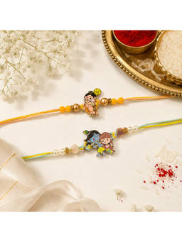 eCraftIndia - Multi-Color Religious Lord Krishna & Lord Hanuman Designer Kids Rakhi's with Roli Chawal
