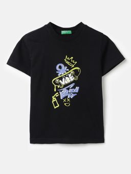 United Colors of Benetton - Black Polycotton Printed T-Shirt