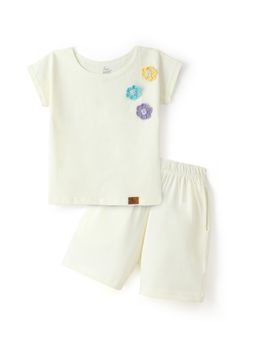 FUNKRAFTS - Off White Cotton Embellished/Sequined T-Shirt With Shorts