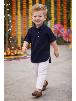 Blabber - Navy Blue Cotton Solid Kurta With Pyiama