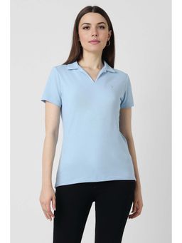 Van Heusen - Women Blue Solid Casual Polo Neck T-Shirt
