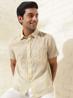 Fabindia - White Cotton Hand Block Stripes Printed Regular Shirt