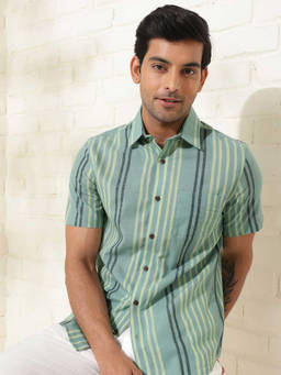 Fabindia - Green Cotton Striped Slim Fit Regular Shirt