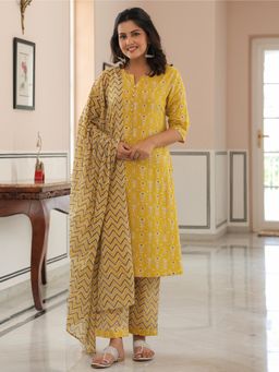 ARAMYA - Women Cotton Printed Yellow Kurta with Pant and Dupatta (Set of 3)