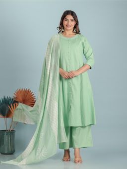ARAMYA - Women Cotton Linen Solid Green Kurta with Palazzo and Dupatta (Set of 3)