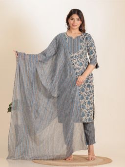 ARAMYA - Women Cotton Linen Floral Grey Kurta with Pant and Dupatta (Set of 3)