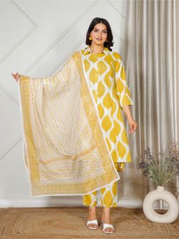 ARAMYA - Women Cotton Printed Yellow Kurta with Pant and Dupatta (Set of 3)