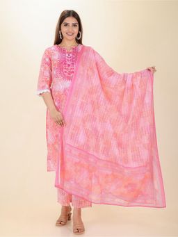 ARAMYA - Women Cotton Floral Pink Kurta with Pant and Dupatta (Set of 3)