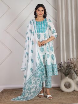 ARAMYA - Women Cotton Printed White Kurta with Pant and Dupatta (Set of 3)