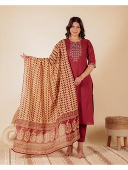 ARAMYA - Women Cotton Solid Maroon Kurta with Pant and Dupatta (Set of 3)
