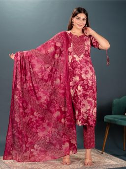 ARAMYA - Women Cotton Floral Pink Kurta with Pant and Dupatta (Set of 3)